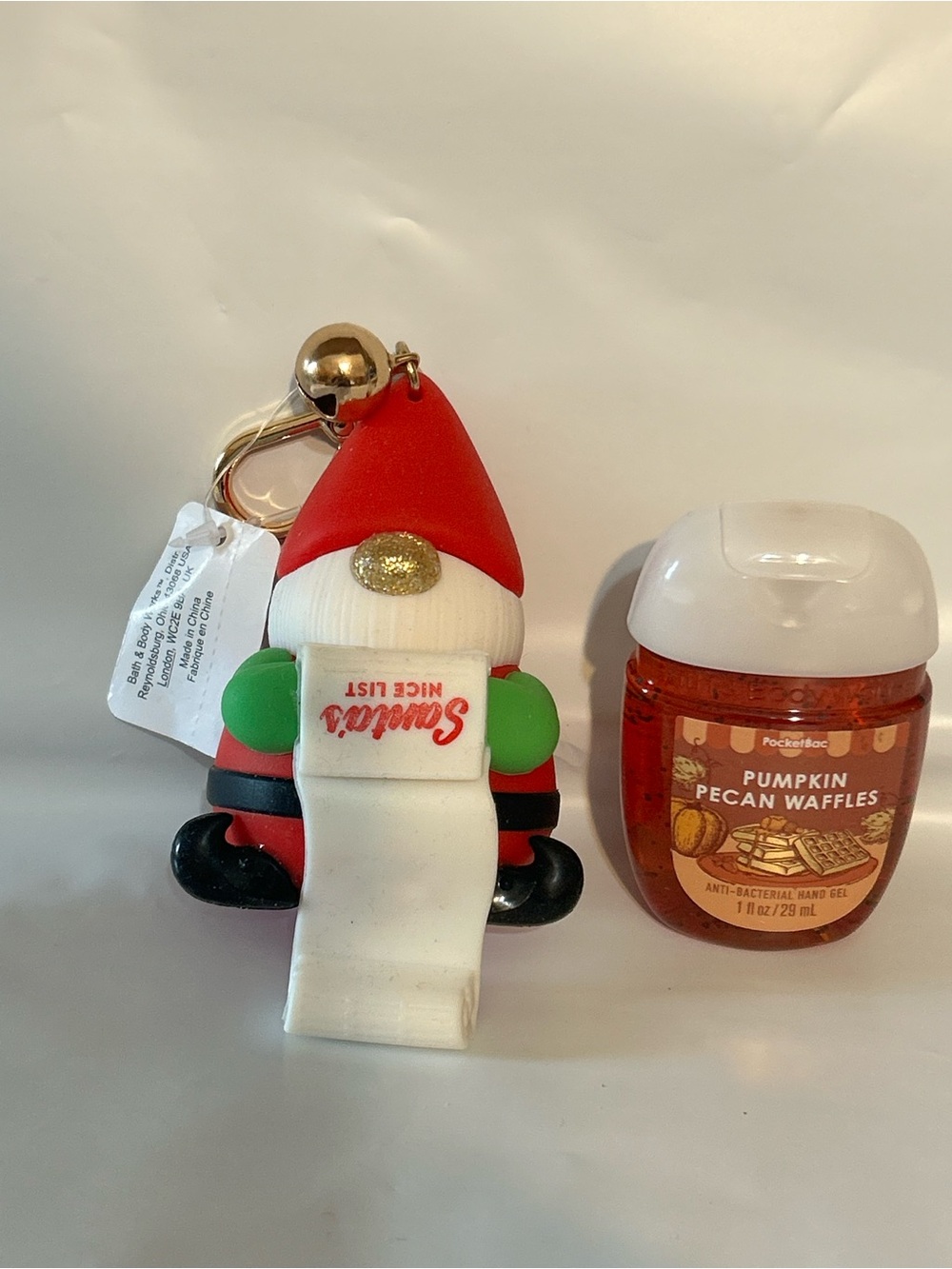 Bath & Body Works Santa Nice List Keychain Holder & Pumpkin Pecan Waffle Handgel